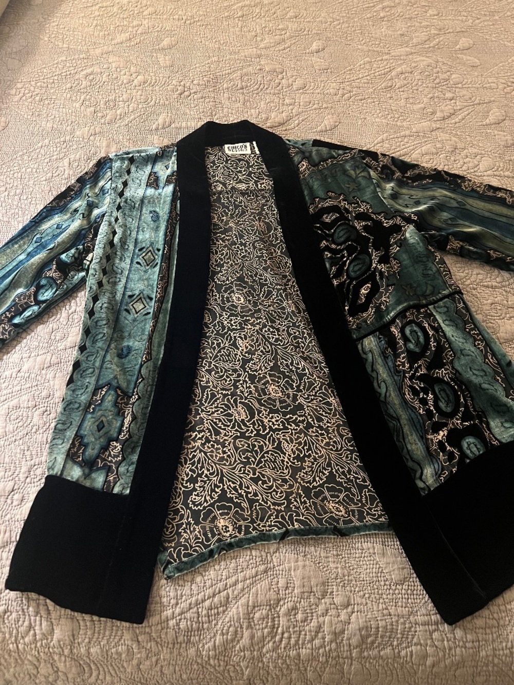Chicos DesignSilk and Velvet Burnout Dress Jacket with Paisley in Black and Teal